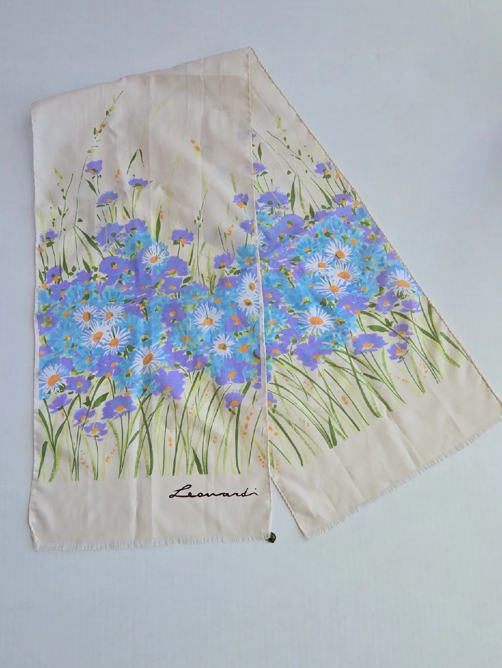 Leonardi Vintage Italian Floral Scarf in Cream with Blue & Green Bouquet Daisies